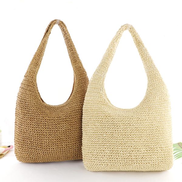 

pure color straw bag simple fashion woven bag beach lady casual handbag