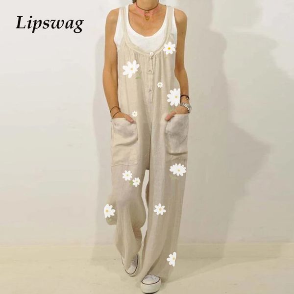 

retro flower print cotton linen jumpsuit summer elegant button strappy backless bodysuit pocket loose women trousers romper, Black;white