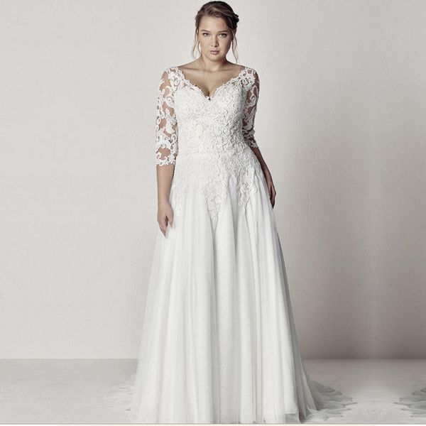 

spring 2020 new large size wedding dress with deep sleeves v a lace hem wedding dress looks thin, White