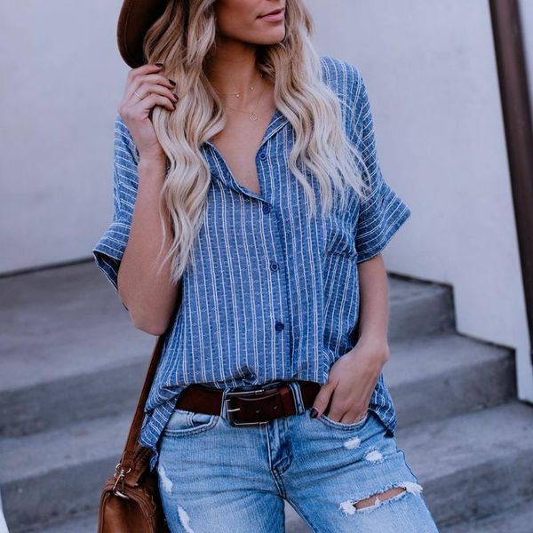 

women short sleeve shirt 2020 fashion striped print button blouse ladies casual turn down collar shirt female clothes fn55, White