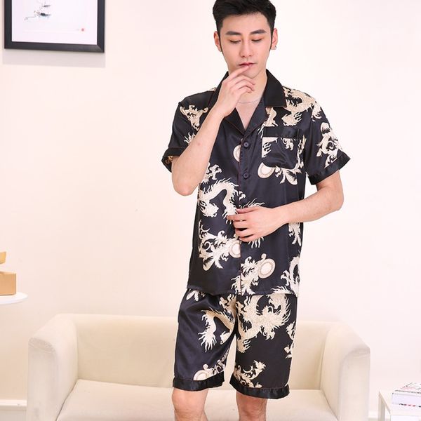 

summer new dragon simulation and shorts print simulation silk men's pajamas casual thin short-sleeved shorts home suit, Black;brown