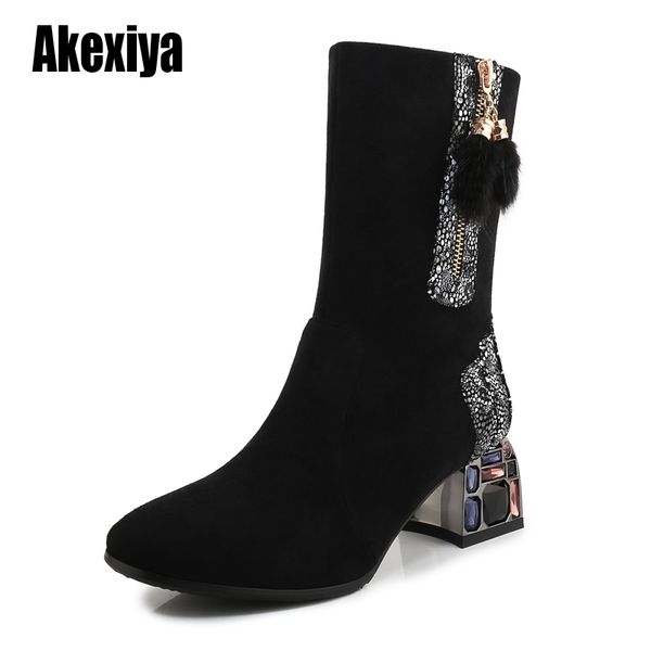 

winter shoes 2020 women mid-calf boots rhinestone thick heel soft leather boot zip female booties faux fur large size 43 u574, Black