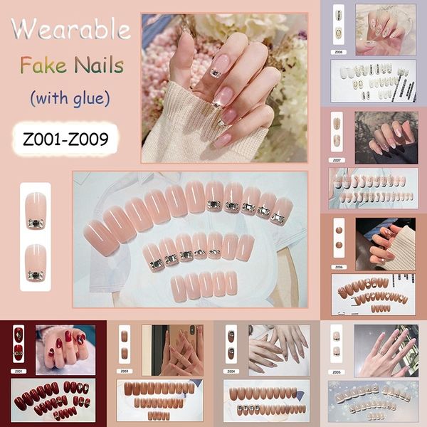 

false nails 24pcs pearl halo diamond with nail glue glitter shell nude french wearable fake removable waterproof, Red;gold