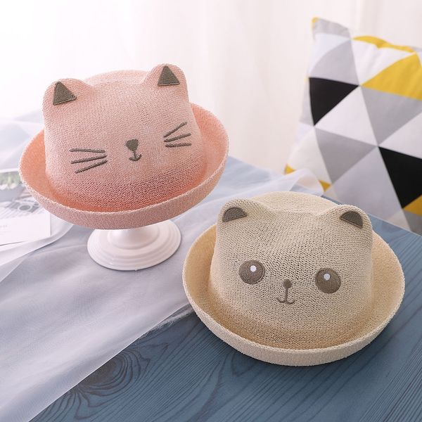 

korean children's panda cat curling straw cap baby cap sun baby hat embroidery sunshade straw hat 48-52, Blue;gray