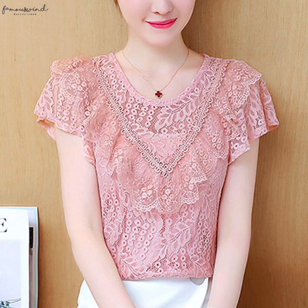 

ruffle lace short sleeved womens clothing summer chiffon blouse 2020 v neck new blouses shirts pink lace women 270b, White