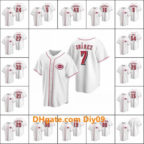 

cincinnatireds #7 eugenio suarez 27 trevor bauer 5 johnny bench men women youth custom white replica home jersey, Black