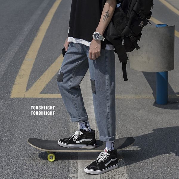 

летних джинсы мужской моды бренд свободно падать прямые модные джинсы широких ног штанов девять-точка широких ног брюк, Blue