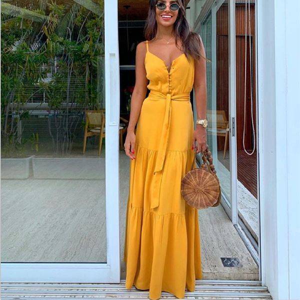 

2020 new summer women solid color v-neck sleeveless button suspender dress female fashion casual big swing dresses, Black;gray