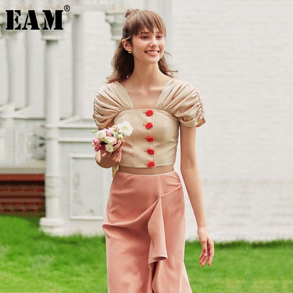 

eam] women pleated button backless blouse new square collar short sleeve loose fit shirt fashion tide spring autumn 2020 1b140, White