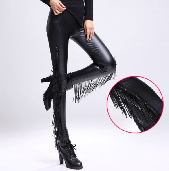 

ls high waist tassels decoration pants women pu black leggings pants