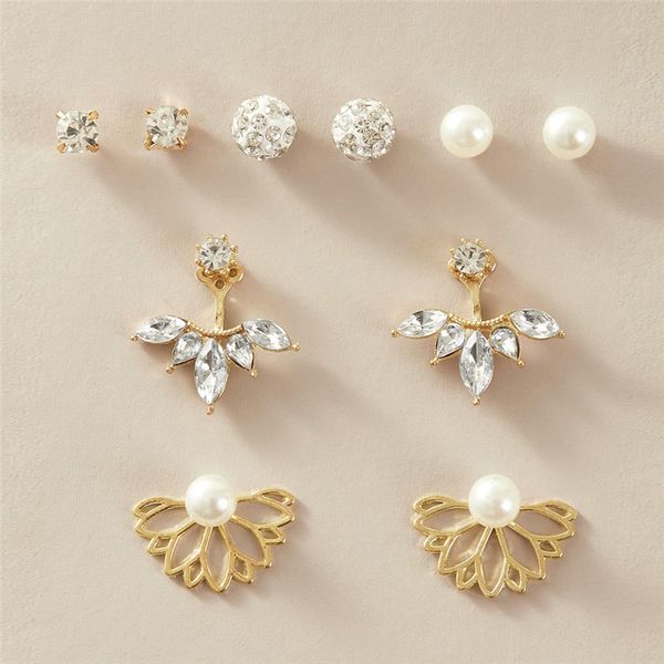 

new bohemian cz zircon flower earrings mix pearl geometric stud earring sets 5 pairs/set simple brincos female fashion jewelry hz, Golden;silver