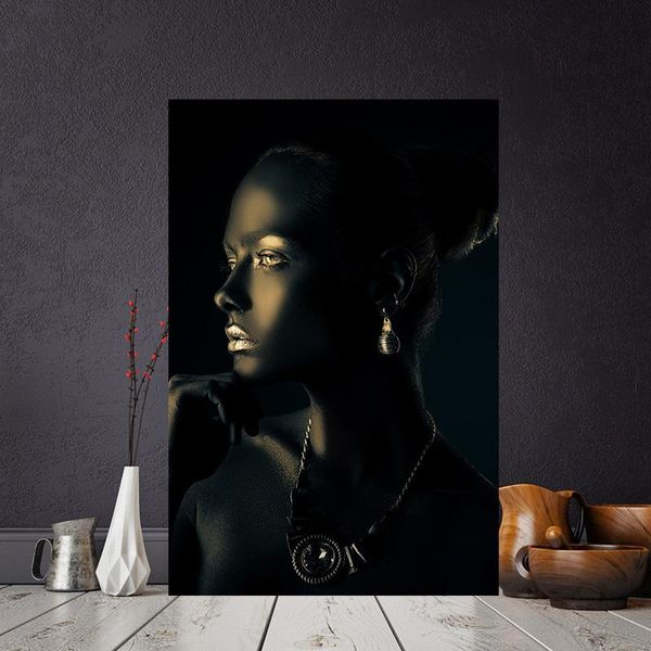 

Black Gold African Nude Woman Indian Portrait Canvas Painting Posters Wall Art Picture for Living Room Home Decor (No Frame)