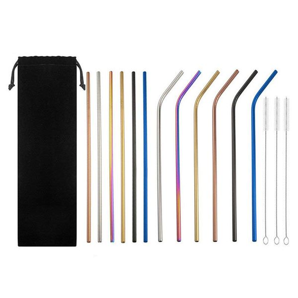 

304 stainless steel reusable drianking straws sturdy bent straight colorful metal straws with cleaner brush kitchen accessories