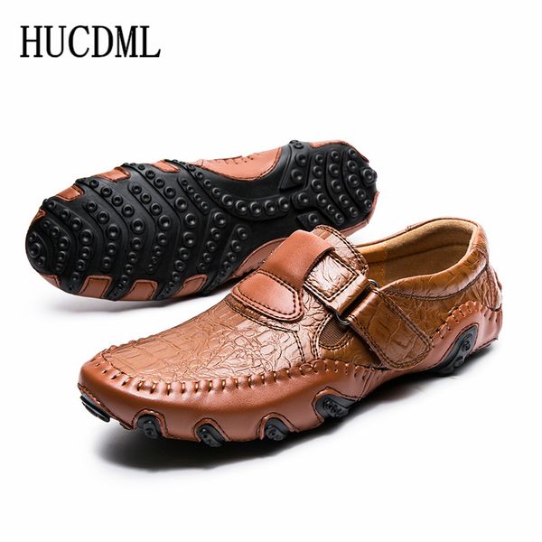 

hucdml men genuine leather casual shoes black brown mens loafers moccasins flats male shoe walking driving shoes big size 38-47