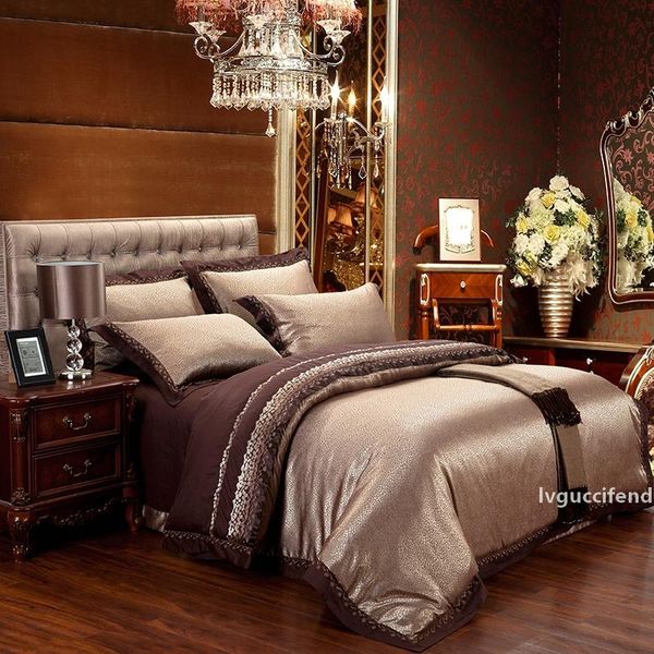 

2018 golden coffee leopard print bedding set silk cotton blend duvet cover set jacquard  king bedlinens sheet pillowcases