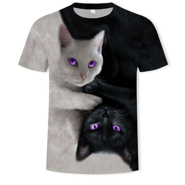 

menscasual 3d couple black and white cat digital printing round collar short sleeve t-shirt, White;black