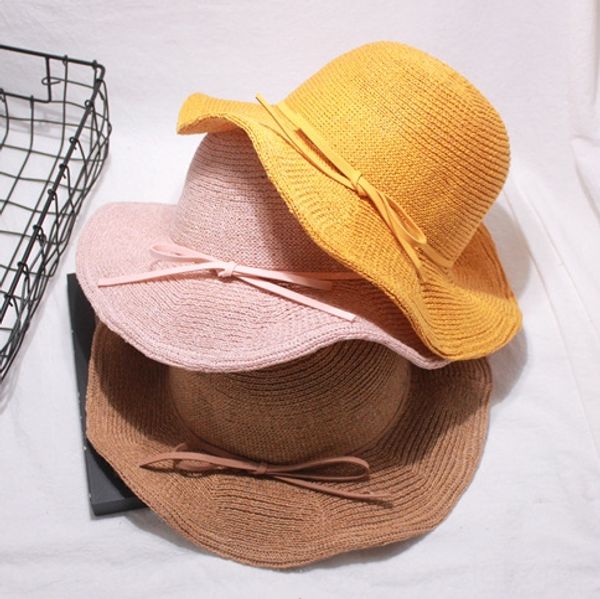 

new sun lace sun lace bowknot wavy edge knitted breathable beach hat children's summer big brim hipster sunshade hat, Blue;gray