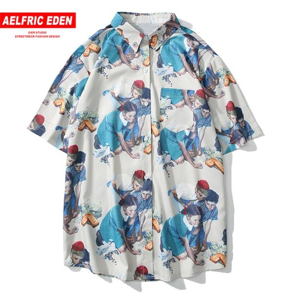 

aelfric eden character print hawaii beach shirts 2020 streewear men casual vacation hawaiian short sleeve fashion summer shirt, White;black