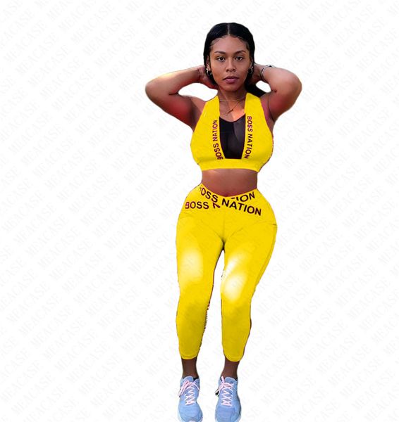 

summer women clothing tracksuit designer sleeveless slim vest tees + leggings skinny pants two piece outfits fashion sportswear d71606, White