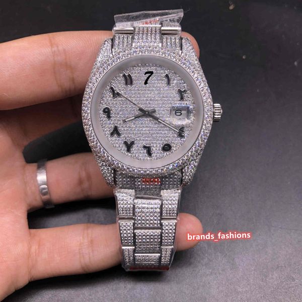 

diamond watch men's iced silver stainless steel arab index face 2824 automatic mechanical quality, Slivery;golden