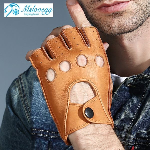 

dki1a men's genuine deerskin half finger gloves autumn and winter motorcycle outdoor sports driving motorcycle outdoor sports riding op, Black