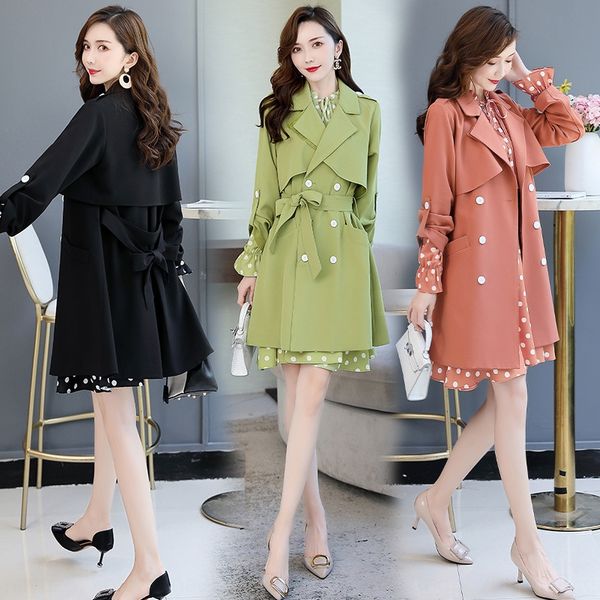 

early polka dot printed 2020 new women's early autumn elegant dress windbreaker dress two-piece set autumn windbreaker set skirt, Tan;black