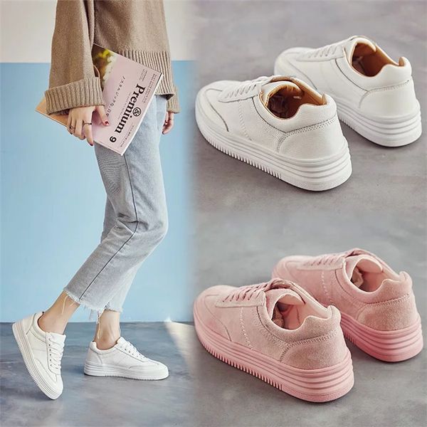 

fashion white split leather women chunky sneakers white shoes lace up tenis feminino zapatos de mujer platform women casual shoe, Black