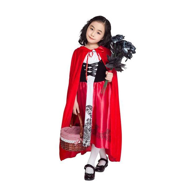 

girls cute little red riding hood costume kids halloween fairy tale cosplay children carnival fantasia fancy dress up outfit, Black;red