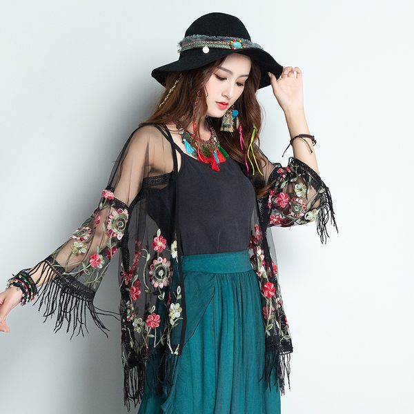 

women's trench coats 2021 women cardigan vintage floral embroidery clothing loose outdoor tassels shirt coat open stitch female, Tan;black