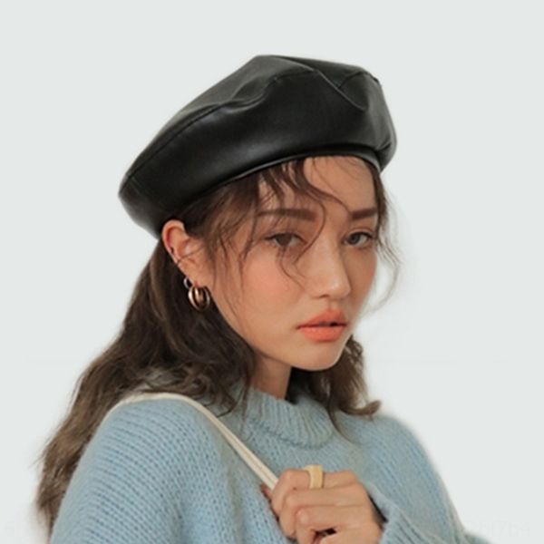 

pu leather female british summer thin net beret beret red black hat female korean fashion autumn all-match, Blue;gray