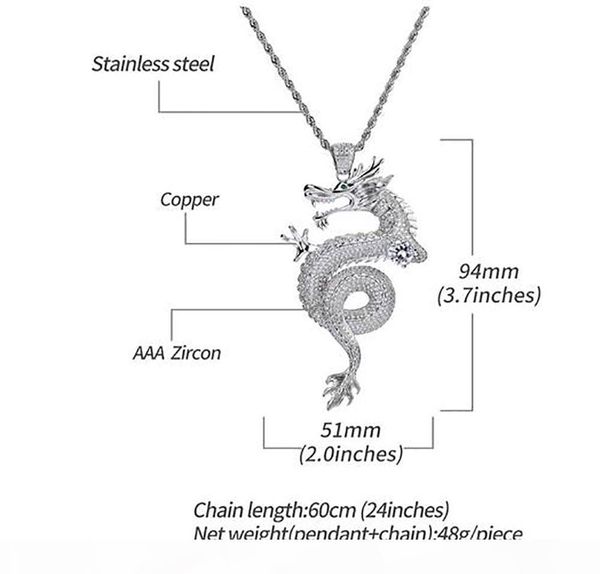 

k mens iced out silver plated chinese zodiac dragon pendant copper pendant necklace silver dragon pendant 24inch rope chain
