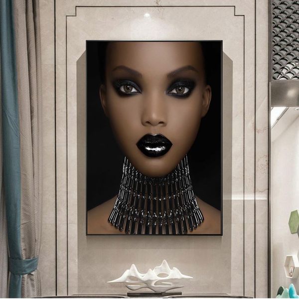 

African Model Wall Art Prints Makeup Black Girl Canvas Paintings Wall Art Pictures for Living Room Home Decor (No Frame)