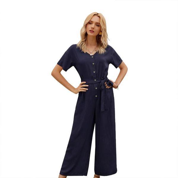 

short sleeve women's jumpsuits 2020 summer woman rompers button clothing female solid ropa mujer with elastic waistband d30, Black;white