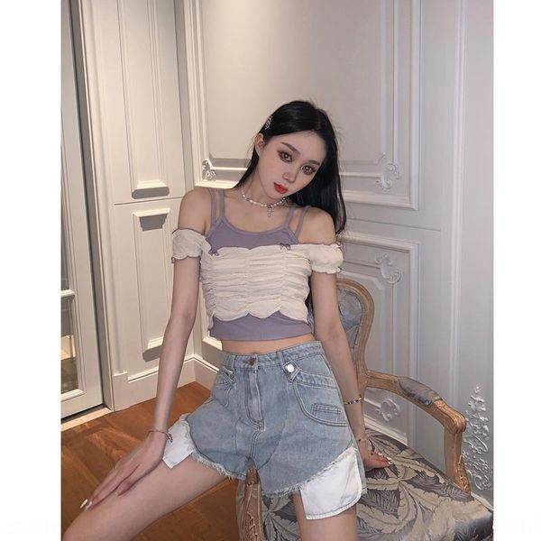 

the same one-line collar short + camisole two-piece suit female 2020 xia yuya bubble vest jacket t-shirt jacket short-sleeved t-shirt, Camo
