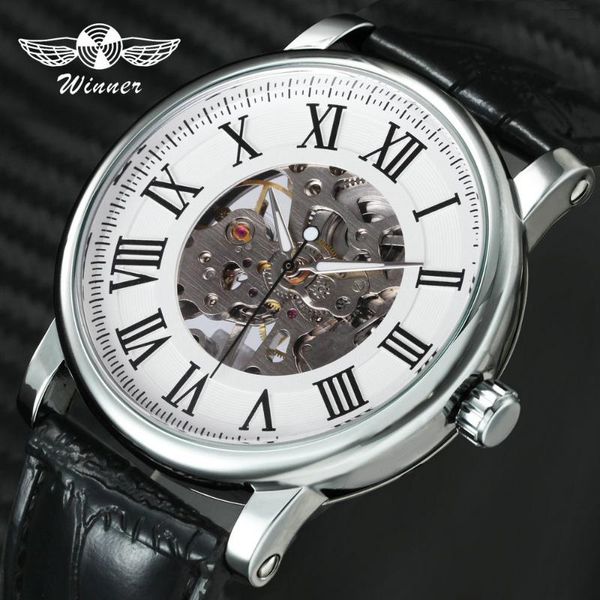 

classic elegant women watches winner mechanical hand-wind watch leather strap roman numeral skeleton wristwatch, Slivery;brown