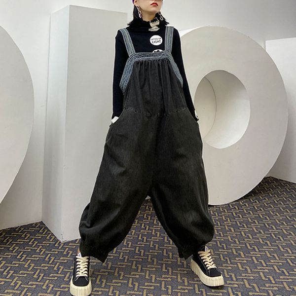 

seebeautiful contrast color simple denim overalls pockets patch large size strap jeans woman autumn 2020 new tide fashion t115, Blue