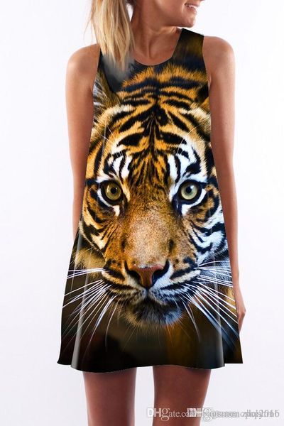 

women dress summer crew neck sling sleeveless hip wrap elegant lady tiger digital head print skirt casual pencil dresses sz s-xl, Black;gray