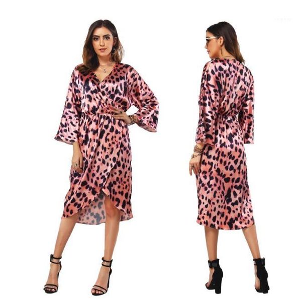 

dress v neck asymmetrical loose dress fashion women summer half sleeve dress fashion pink leopard, Black;gray