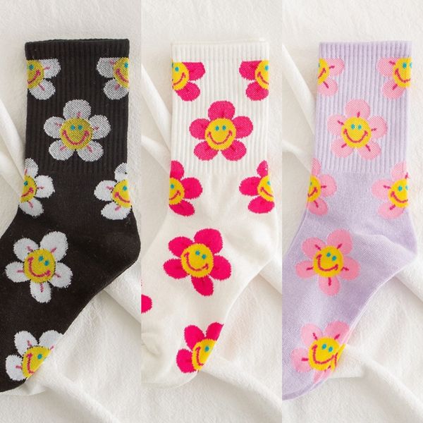 

корейский стиль горячей продажа женщин улыбающегося цветка хлопок середины теленок женщин подсолнечник мультфильм жаккардовые и жаккардовые, Black