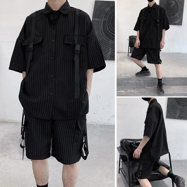 

men summer casual stripe short sleeve shirt loose straight shorts pants suit, Gray