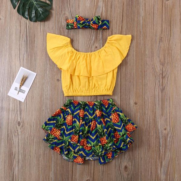 

2020 baby summer clothing infant newborn baby girl off shoulder crop ruffled watermelon pineapple shorts headband 3pcs sets, White