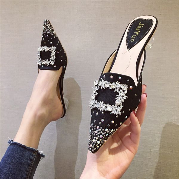 

med transparent slippers summer women's shoes luxury slides cover toe pantofle square heel designer 2020 pointed block rome, Black