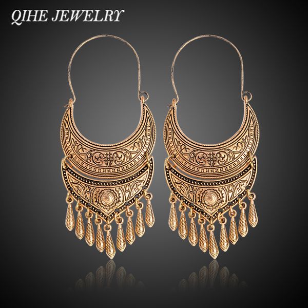 

qihe jewelry ancient silver gold color tibetan earring boho dangle charm statement silver color gypsy jewelry brincos