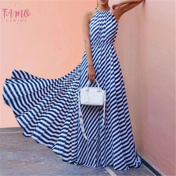 

women summer boho long maxi dresses sleeveless backless halter blue striped dress vestidos evening party beach dresses sundress, Black;gray