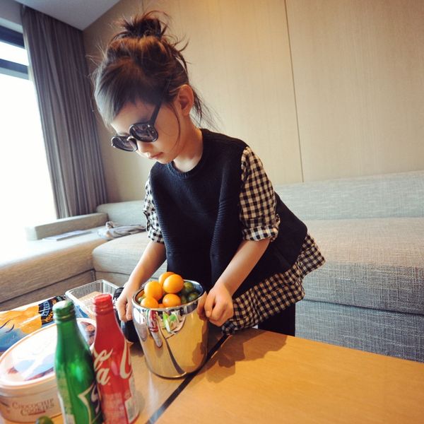 

2019 korean style spring new children's knitted plaid doll shirt fake two-piececute girl doll shirt shirt, Blue