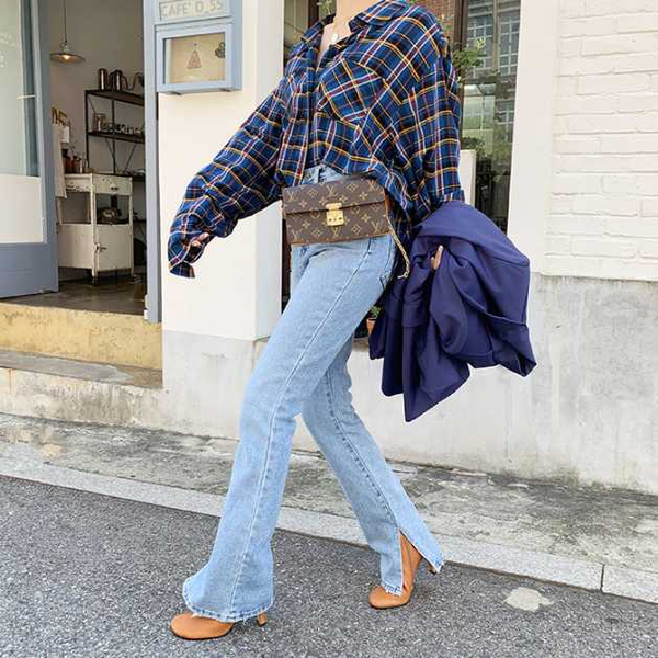 

2020 spring fashion women's high waist denim jeans straight jeans side split retro female long capri pants, Blue