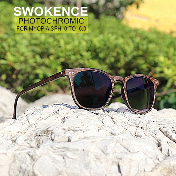 

swokence pchromic grey sunglasses for myopia sph 0 to -6.0 women men wood grain frame nearsighted prescription glasses f006, White;black