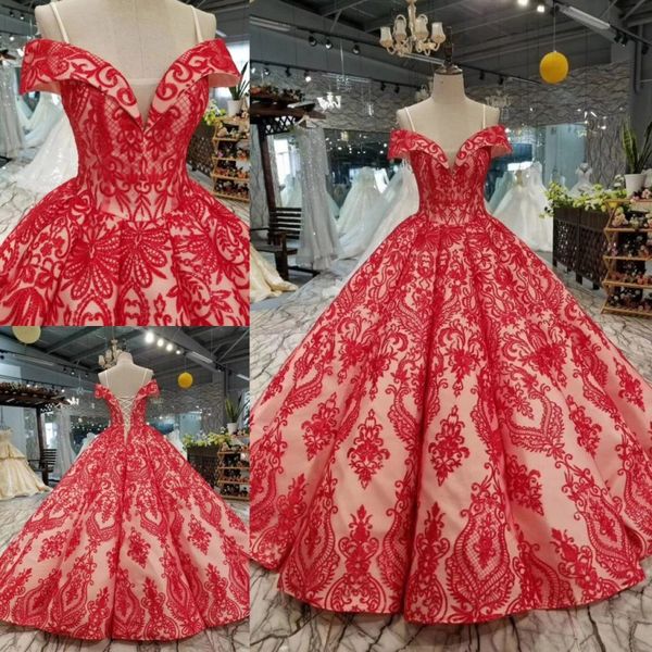 

luxurious wedding dresses red champagne appliques beads ball gown bridal gowns custom made lace-up back sweep train robe de mariÃ©e, White