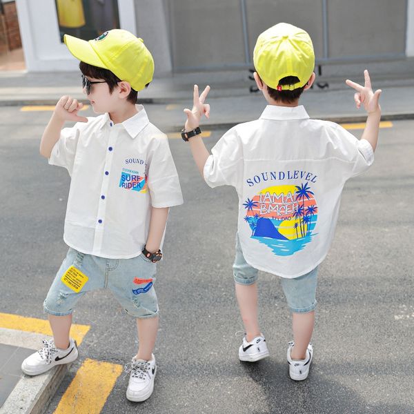 

boys' short sleeve 2020 new style korean printing irregular hem loose casual shirt shirt fashion, White;black