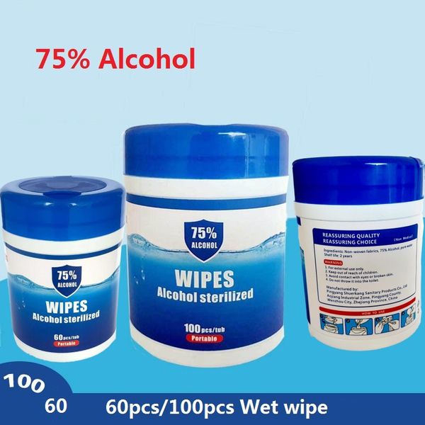 

60/100pcs canister 75% alcohol wet wipes antibacterial cleaning tissue sanitizer pads hand surface disinfectant wet pads skin cleaning wipe